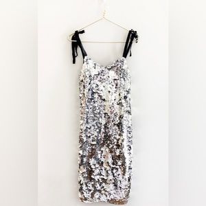 J.Crew collection silver sequin tank dress w/ black ribbon shoulder ties size000